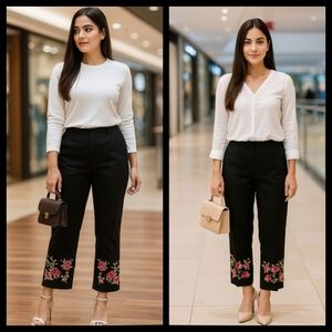 Floral Embroidered 100% Linen Black Boho Wide Leg Capri Pants Trouser Size 14●●